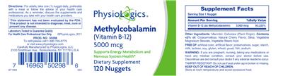 Photo of the PhysioLogics Methylcobalamin (Vitamin B-12) 5000 mcg label