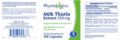 Photo of the PhysioLogics Milk Thistle Extract 250 mg label