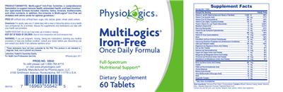 Photo of the PhysioLogics MultiLogics Iron-Free Once Daily Formula label