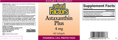 Photo of the Natural Factors Astaxanthin Plus 4 mg label