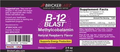 Photo of the Bricker Labs B-12 Blast Methylcobalamin Natural Raspberry Flavor label