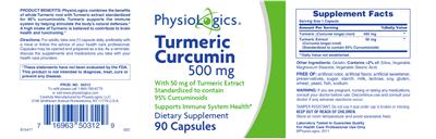 Photo of the PhysioLogics Turmeric Curcumin 500 mg label