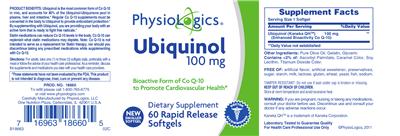 Photo of the PhysioLogics Ubiquinol 100 mg label