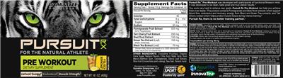 Photo of the Dymatize Nutrition Pursuit RX Pre Workout Lemonade Ice Tea label