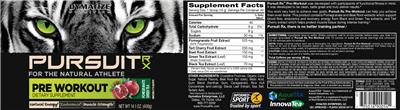 Photo of the Dymatize Nutrition Pursuit RX Pre Workout Pomegranate Green Tea label