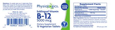 Photo of the PhysioLogics Sublingual Vitamin B-12 5000 mcg label