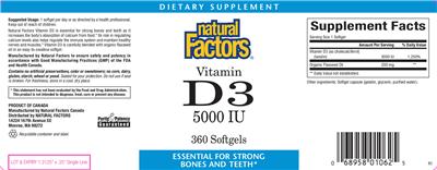 Photo of the Natural Factors Vitamin D3 5000 IU label