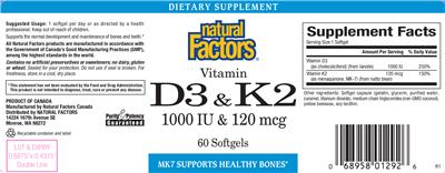 Photo of the Natural Factors Vitamin D3 1000 IU & K2 120 mcg label