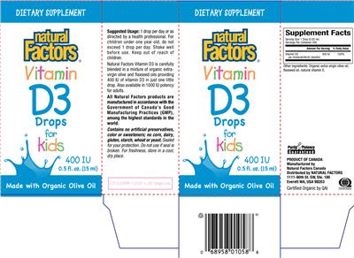 Photo of the Natural Factors Vitamin D3 Drops For Kids 400 IU label