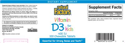 Photo of the Natural Factors Vitamin D3 For Kids 400 IU label