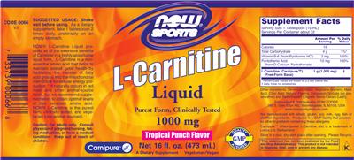 Photo of the NOW Sports L-Carnitine Liquid 1000 mg Tropical Punch Flavor label