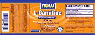 Photo of the NOW L-Carnitine 500 mg label