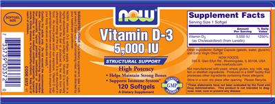 Photo of the NOW Vitamin D-3 5,000 IU label