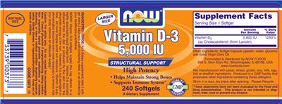 Photo of the NOW Vitamin D-3 5,000 IU label