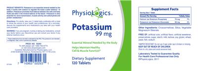 Photo of the PhysioLogics Potassium 99 mg label