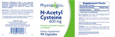 Photo of the PhysioLogics N-Acetyl Cysteine 600 mg label