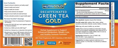 Photo of the NutriGold Decaffeinated Green Tea Gold 500 mg label