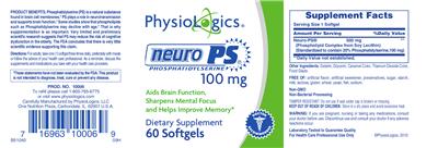 Photo of the PhysioLogics Neuro PS Phosphatidylserine 100 mg label