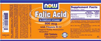 Photo of the NOW Folic Acid 800 mcg With Vitamin B-12 label