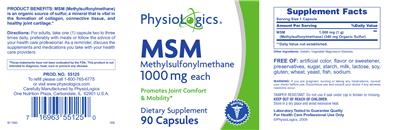 Photo of the PhysioLogics MSM Methylsulfonylmethane 1000 mg label