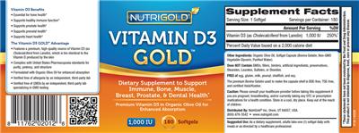 Photo of the NutriGold Vitamin D3 Gold 1,000 IU label