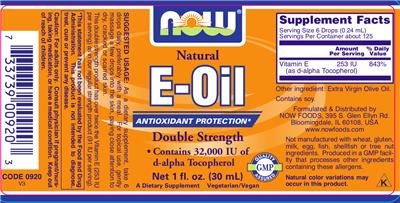 Photo of the NOW Natural E-Oil Double Strength label