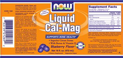 Photo of the NOW Liquid Cal-Mag Blueberry Flavor label