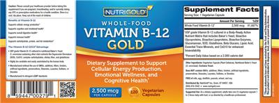 Photo of the NutriGold Vitamin B-12 Gold 2,500 mcg label