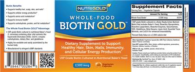Photo of the NutriGold Whole-Food Biotin Gold 2,500 mcg label