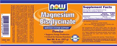 Photo of the NOW Magnesium Bisglycinate Powder label
