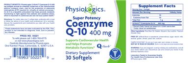 Photo of the PhysioLogics Super Potency Coenzyme Q-10 400 mg label
