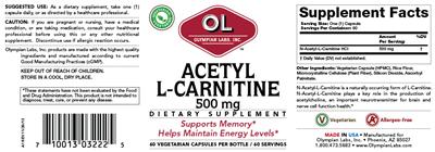 Photo of the OL Olympian Labs Acetyl L-Carnitine 500 mg label