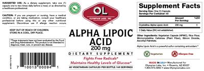 Photo of the OL Olympian Labs Alpha Lipoic Acid 200 mg label