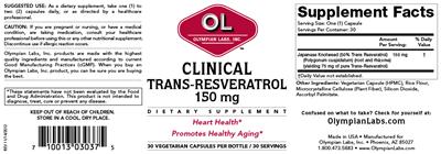 Photo of the OL Olympian Labs Clinical Trans-Resveratrol 150 mg label
