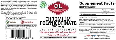 Photo of the OL Olympian Labs Chromium Polynicotinate 200 mcg label