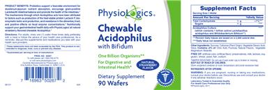 Photo of the PhysioLogics Chewable Acidophilus with Bifidum Natural Strawberry Flavor label