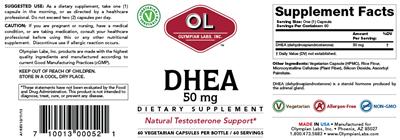 Photo of the OL Olympian Labs DHEA 50 mg label