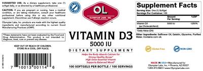 Photo of the OL Olympian Labs Vitamin D3 5000 IU label
