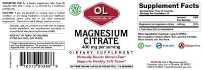Photo of the OL Olympian Labs Magnesium Citrate 400 mg label