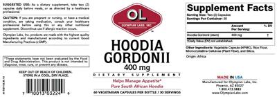 Photo of the OL Olympian Labs Hoodia Gordonii 400 mg label