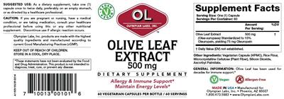 Photo of the OL Olympian Labs Olive Leaf Extract 500 mg label