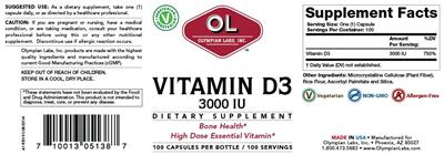 Photo of the OL Olympian Labs Vitamin D3 3000 IU label