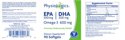 Photo of the PhysioLogics EPA 300 mg DHA 200 mg Omega-3 600 mg label