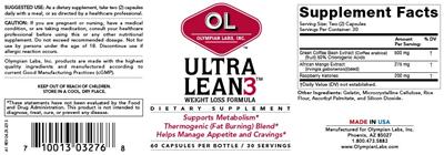 Photo of the OL Olympian Labs Ultra Lean3 Weight Loss Formula label