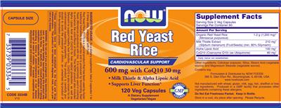 Photo of the NOW Red Yeast Rice 600 mg With CoQ10 30 mg label