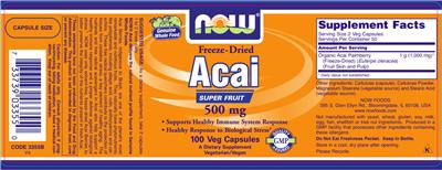 Photo of the NOW Freeze-Dried Acai 500 mg label