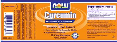 Photo of the NOW Curcumin From Turmeric Root Extract label