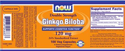Photo of the NOW Double Strength Ginkgo Biloba 120 mg label