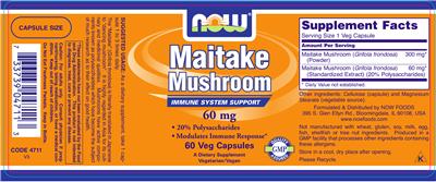 Photo of the NOW Maitake Mushroom 60 mg label