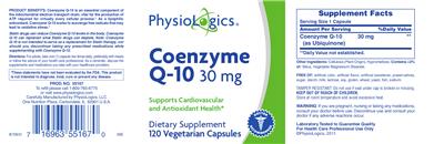 Photo of the PhysioLogics Coenzyme Q-10 30 mg label